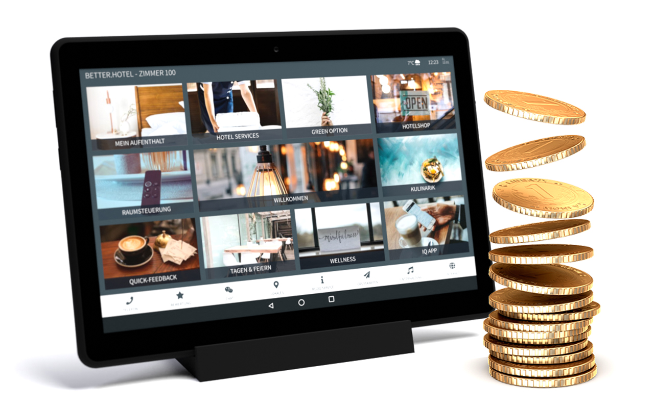 Digital guest directory on the in-room tablet with a stack of coins