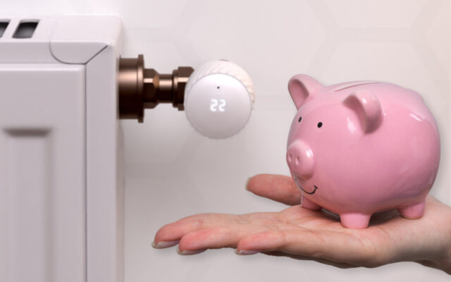 Sparschwein auf einer Hand vor einem Heizkörper mit smartem Thermostat